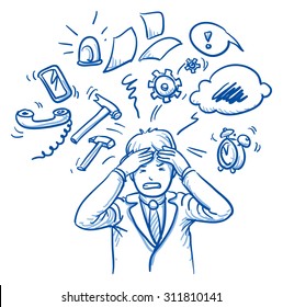 Business man holding his head in pain, surrounded by work icons, concept for stress, burnout, too much work, hand drawn doodle vector illustration