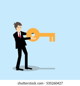 Business man holding key.Concept of security, authentication; cartoon vector