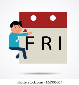 Business man holding and kiss calendar with message 'Fri', in concept of I love Friday.   