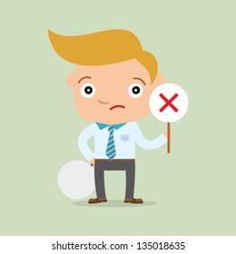 business man holding label wrong