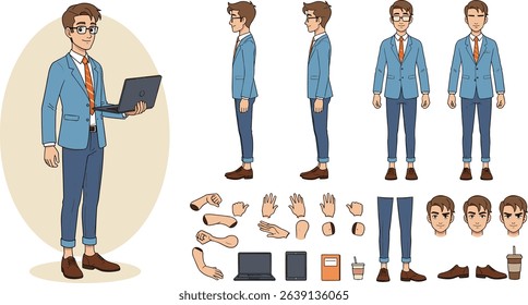 Business man holding laptop. Character constructor for animation. Front, side and back view set. Body parts, postures, poses collection.
