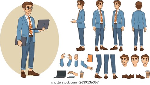 Business man holding laptop. Character constructor for animation. Front, side and back view set. Body parts, postures, poses collection.