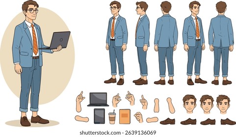Business man holding laptop. Character constructor for animation. Front, side and back view set. Body parts, postures, poses collection.