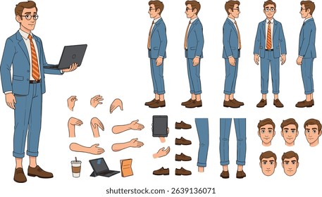 Business man holding laptop. Character constructor for animation. Front, side and back view set. Body parts, postures, poses collection.