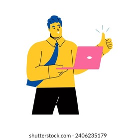 Business man holding laptop and gesturing thumbs up sign. Flat vector illustration isolated on white background
