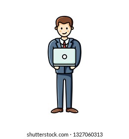 Business man holding laptop. Infographic element. Vector character