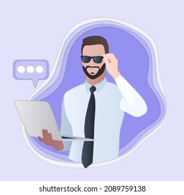 Business man holding a laptop. Purple pastel background. Vector flat illustration. businessmen