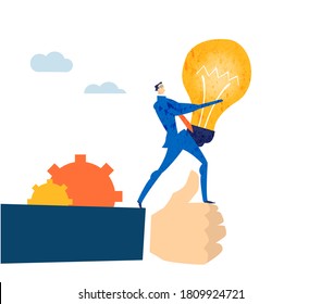 Business Man Holding  Light Bulb As Symbol Of Start Up, Great Idea, Unique Approach And Solving The Problems. Business Concept Illustration