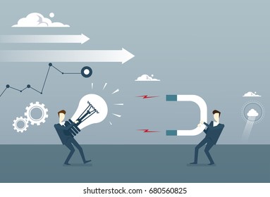 Business Man Holding Magnet Attract Light Bulbs New Ideas From Colleague Flat Vector Illustration