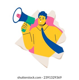 Business man holding megaphone coming out from torn paper. Flat vector illustration isolated on white background