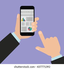 Business man holding mobile phone and checking financial news. Smartphone financial application interface.