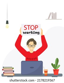 Business man holding note with stop working words , mental health concept, work from home concept, flat vector illustration