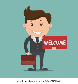 Business man holding notepad with a text 'Welcome' - vector illustration
