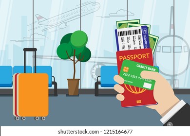 business man holding passport, boarding pass , pocket money and credit card, prepare for travel with luggage and airport terminal at background. vector illustration flat design 