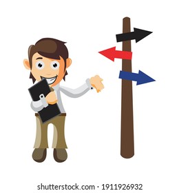 Business man Holding Phone and arrow direction cartoon character Illustration design creation Isolated
