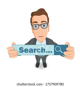 Business man holding placard with Search... announcement on white background