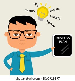 Business man holding business plan tablet have light bulb idea cartoon vector illustration, business concept