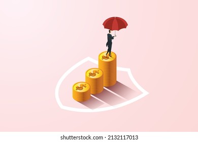 Business man holding a red umbrella protecting on a pile of coins protection money saving insurance Financial and investment security. isometric vector illustration.