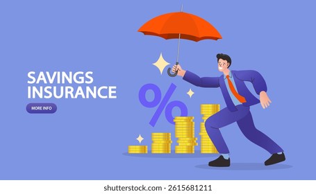 Business man holding red umbrella on pile coins. protection money saving insurance Financial and investment security. vector illustration.