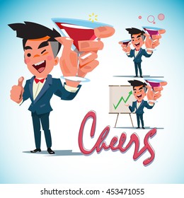business man holding red wine and thumbs up with cheers text design. successful concept - vector illustration