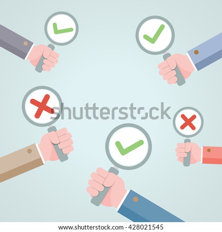 Business man holding right and wrong signs, Hand holding correct sign and incorrect sign, Vector illustration.