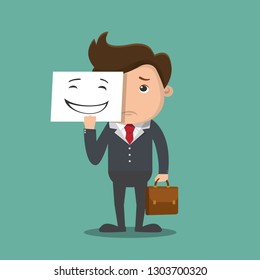 Business man holding sad mask.Concept business illustration. Vector.