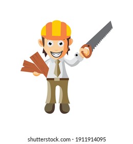 Business man Holding Saw and wood cartoon character Illustration design creation Isolated