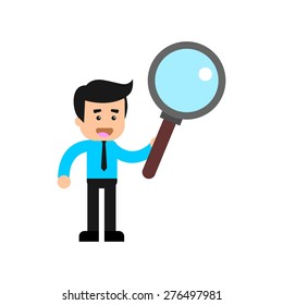 Business man holding a search magnifying glass cartoon