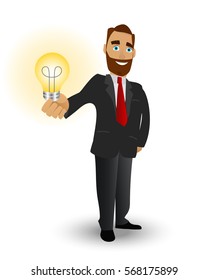 Business man holding a shining lamp, a symbol of great ideas and great achievements