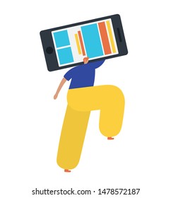 Business man  holding, showing or displaying mobile phone. Flat style modern vector illustration.