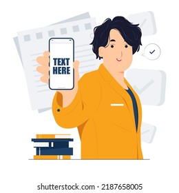 Business man holding and showing mobile smart phone screen concept illustration