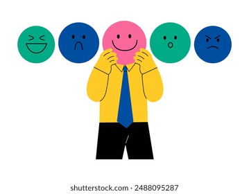 Business man holding sign of emotion expressing various emotions. Flat vector illustration isolated on white background