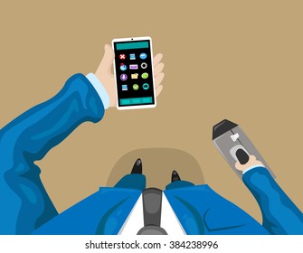 Business Man Holding Smart Cell Phone First Person Top Angle Body Point Of View Vector Illustration