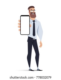 Business man holding smart phone with white blank screen.