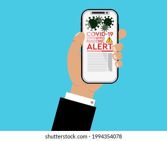 Business man holding a smartphone, looking at coronavirus pandemic news vector illustration. Smartphone with coronavirus icon and yellow black warning sign on screen. Blue background.