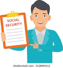 Business Man Holding Social Security Board Concept, Vector Icon Design, Economic Assistance Symbol, Unemployment Benefits Sign, Unconditional Income Stock Illustration