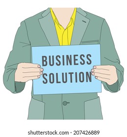 Business man holding business solution banner, vector format