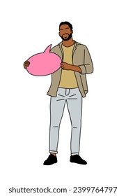 Hombre de negocios sostiene un vector de signos de burbuja de habla.