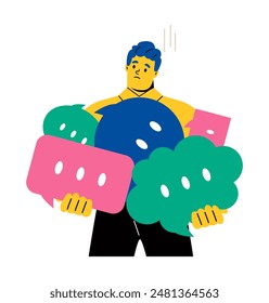 Geschäftsmann hält Sprechblasen. In: Kunde Reviews Concept. Flache Vektorillustration isoliert auf weißem Hintergrund
