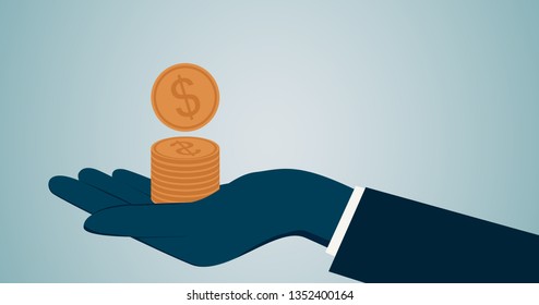 Business man holding stack of dollar coin on hand in flat icon design with blue color background 