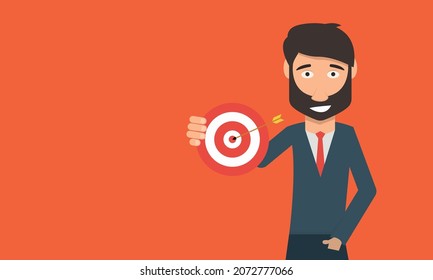 Business man holding target to success concept.Trendy flat vector concept. cartoon vector illustration.free space fot text