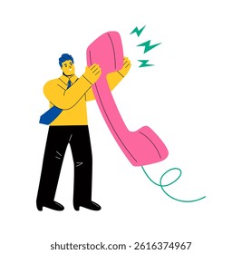 Business man holding telephone big. Communication concept. Flat vector illustration isolated on white background
