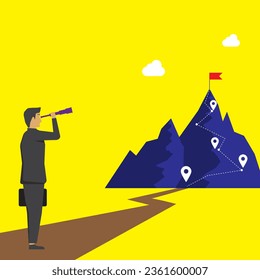 A business man holding telescope zoom to see success target, opportunity and target searching concept, vector flat design editable shape and object copy space for text