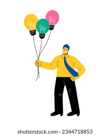 Business man holding a thread from light bulb. Business idea, creativity and innovation concept. Flat vector illustration isolated on white background
