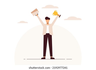 Business Man Holding Trophy And Briefcase. Flat Design Character Vector.