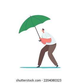 Business Man Holding Umbrella. Concept of Rain, Autumn Weather, Insurance Protection, Cyber Attack Security, Secure Investment. Male Character Isolated on White Background. Cartoon Vector Illustration