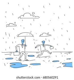Business Man Holding Umbrella During Rain Finance Protection Concept Doodle Vector Illustration