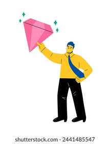 Business man holding a valuable diamond. Finding yourself searching for self value success. Flat vector illustration isolated on white background
