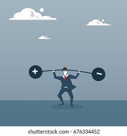 Business Man Holding Weights Balance Scales With Plus and Minus Sign Debt Loan Crisis Concept Flat Vector Illustration