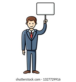 Business man holding a white sign. Protesting man. Infographic element. Vector character
